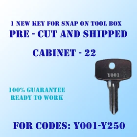 Y001-Y250. New replacement key for Snap On Tool Box locks, Pre Cut to your code.
