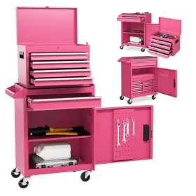 US-2HCST12978 COSTWAY Tool Chest Cabinet Sliding Drawers Pink