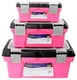 Tools Set Of 3 Pink Stackable Tool Boxes With Top Compartment And Removable Tray