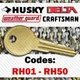 Tool Box Key for Husky Delta Weather Guard Craftsman Code RH01 - RH50